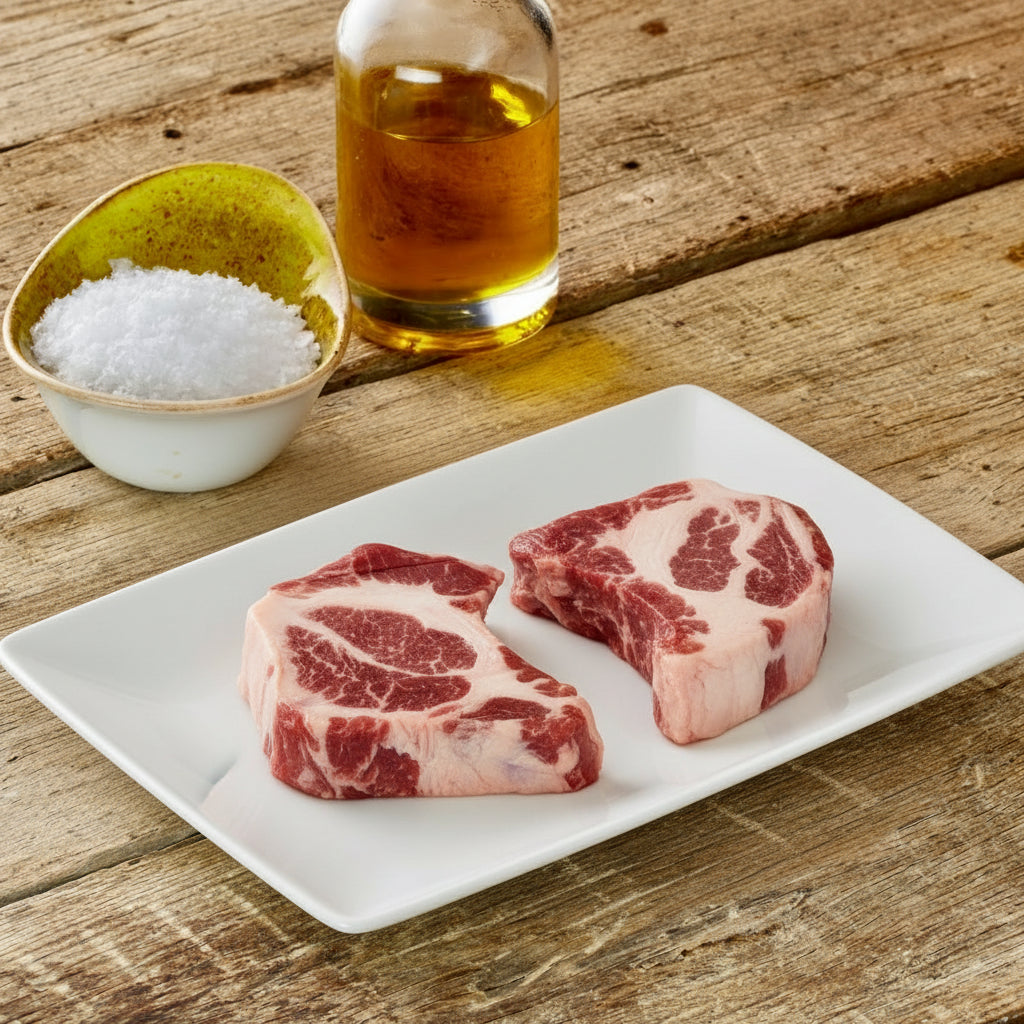 two iberico pork collar steaks