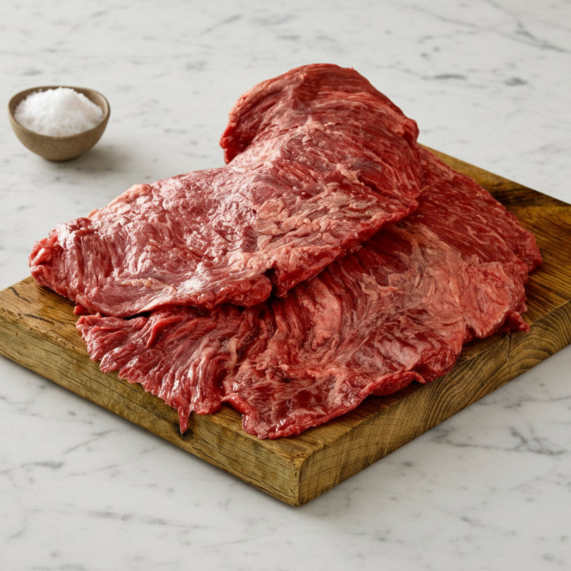 two british wagyu bavette steaks on a wooden board